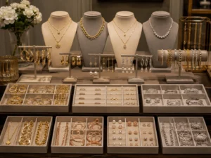 Luxury jewelry display organized by style and collection.