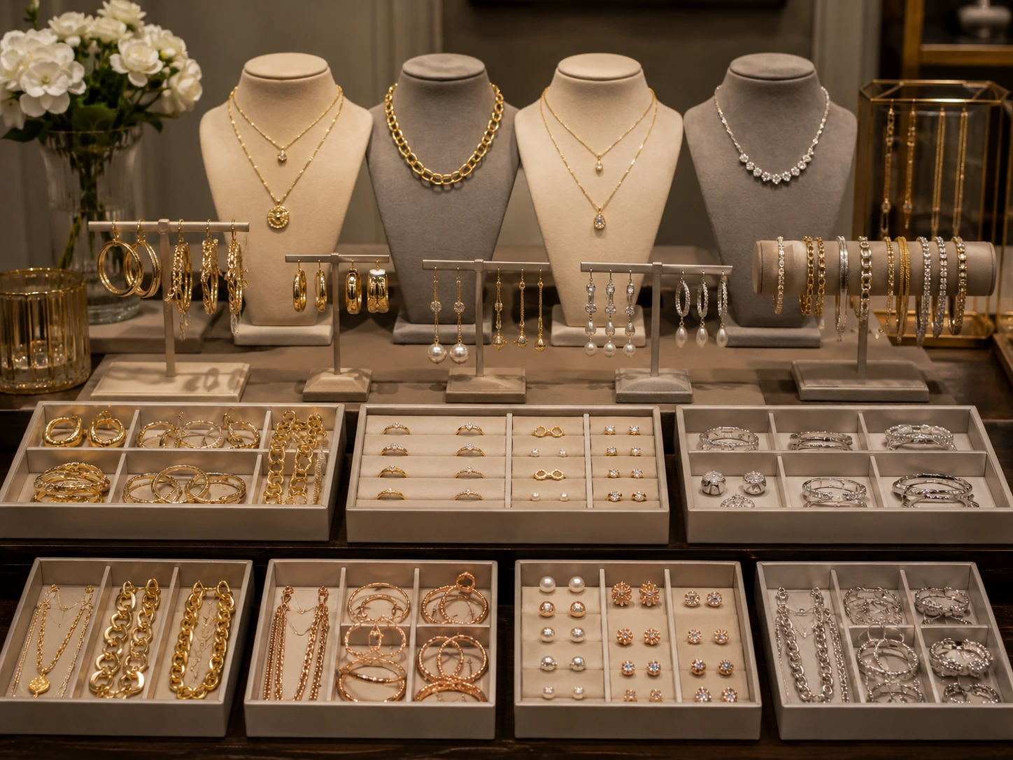 Luxury jewelry display organized by style and collection.