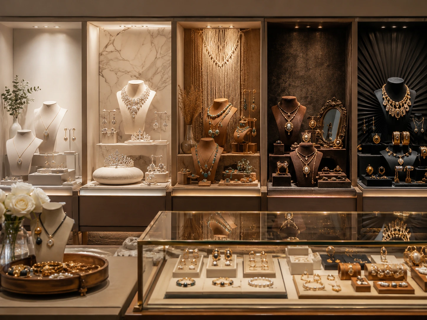 Elegant jewelry showroom with luxury display collections