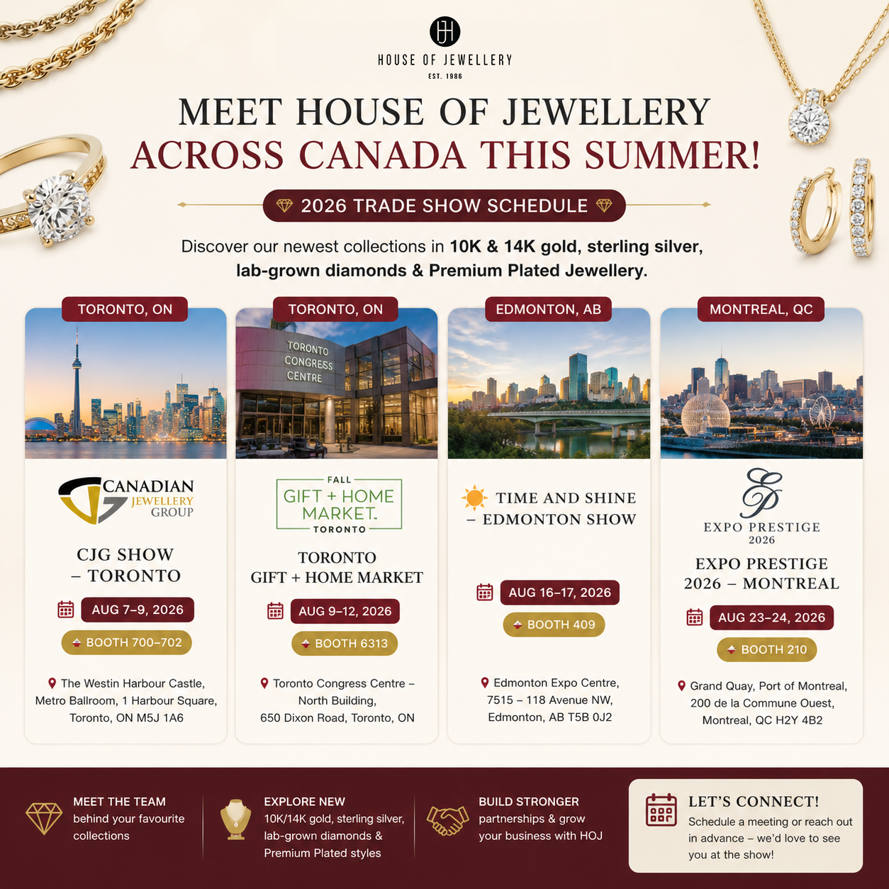 House of Jewellery 2026 Canada jewellery trade show schedule featuring CJG Toronto, Toronto Gift + Home Market, Edmonton Time and Shine Show and Expo Prestige Montreal