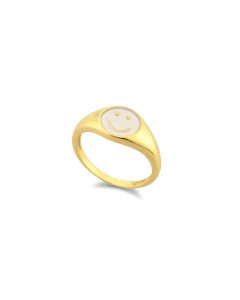 Sterling Silver Gold Vermeil White Enamel Smiley Face Signet Ring (R-1595)
