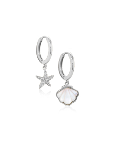 Sterling Silver Mismatched Dangle CZ Star and Mother of Pearl Shell Huggies (HUG-1104)