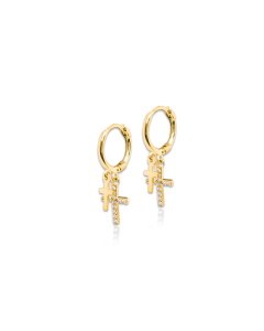 Sterling Silver Double Cross CZ & Plain Huggies (HUG-1070)