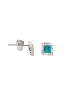 Sterling Silver Simulated Opal Square Halo CZ Studs (ST-1238)