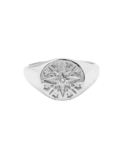Sterling Silver Rhodium Plated CZ Centre Engraved North Star Signet Ring (R-1490)