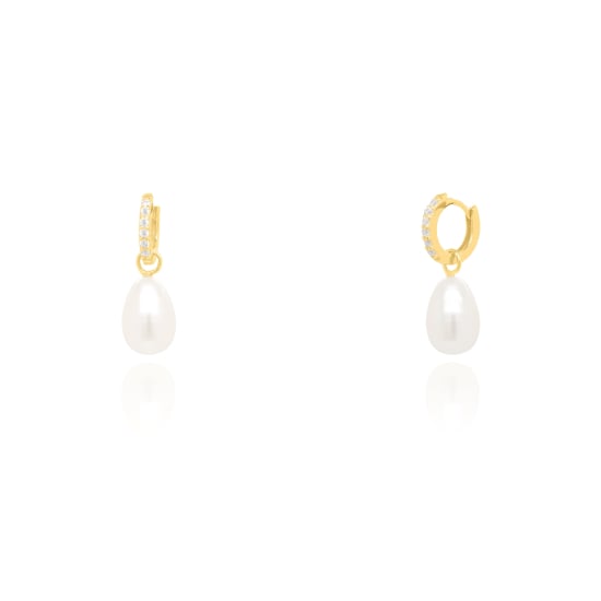 Sterling Silver Gold Vermeil Dangle Freshwater Pearl CZ Huggies Earrings (HUG-1146)