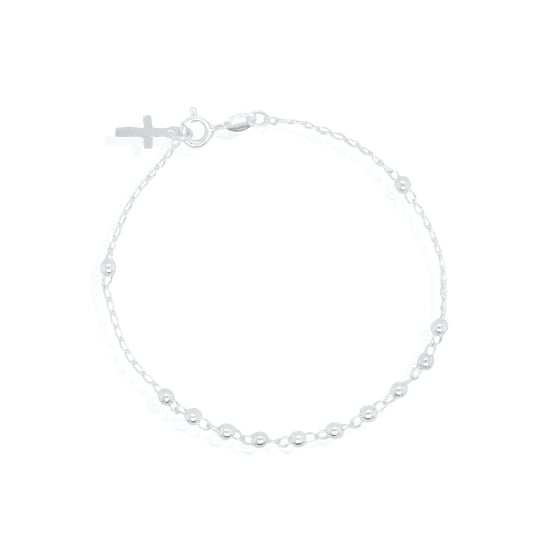Sterling Silver Rosary With Ball Chain and Flat Cross 3m Bracelet (BR-1466)