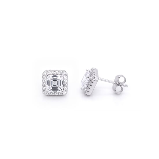 Sterling Siver Square CZ  Halo Stud Earrings (ST-1059)