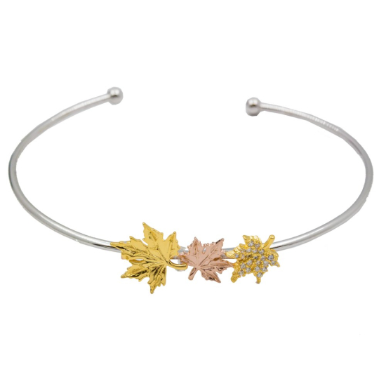 Sterling Silver Fall Leaves Bangle with Single CZ Leaf (IB-1100)