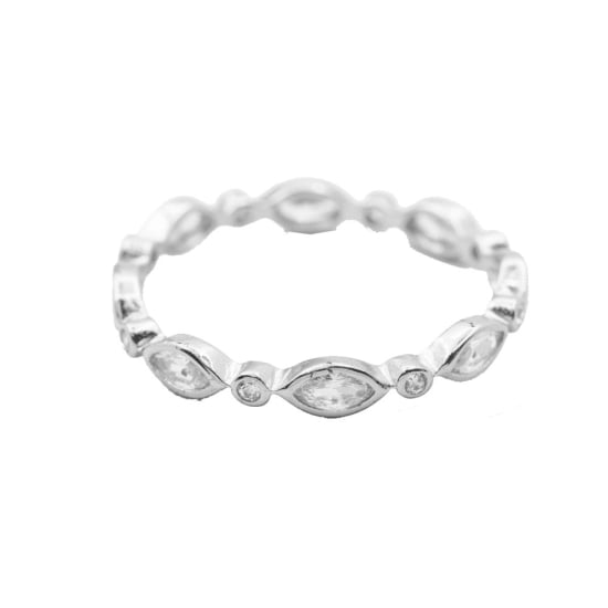 Sterling Silver Rhodium Plated CZ Round and Marquis Cut Band Ring (R-1494)