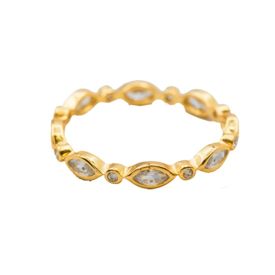  Sterling Silver Gold Vermeil CZ Round and Marquis Cut Band Ring (R-1494-G)