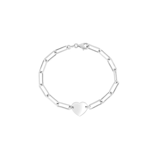 Sterling Silver Flat Heart Tag Paperclip Bracelet (BR-1408)
