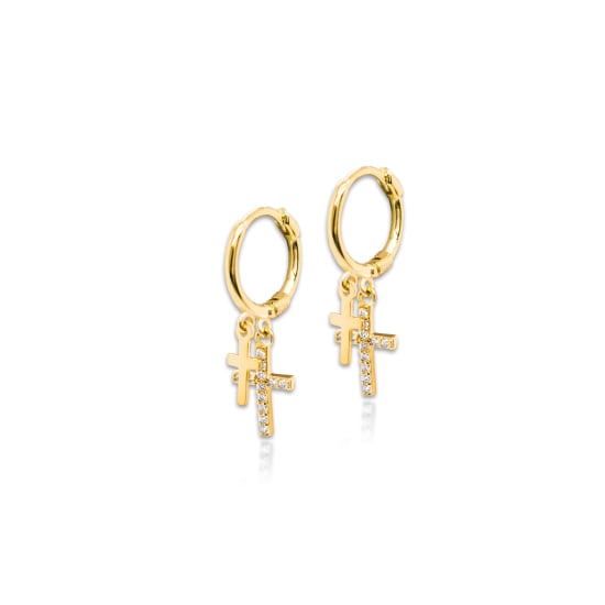 Sterling Silver Double Cross CZ & Plain Huggies (HUG-1070)