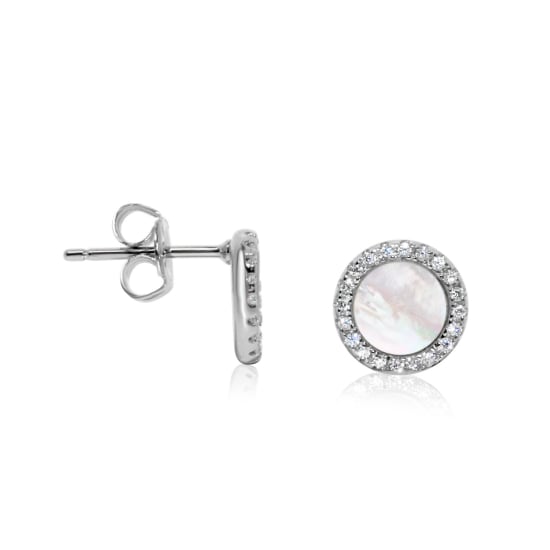 Sterling Silver Rhodium Plated CZ Mother of Pearl Halo Studs Earrings (ST-1229-MP)
