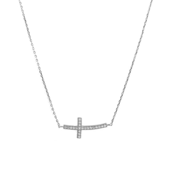 Sterling Silver CZ Curved Cross Necklace (N-1022)