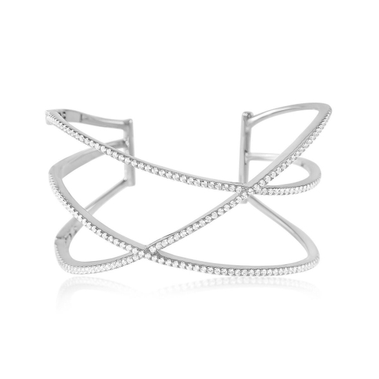 Sterling Silver Criss Cross CZ Cuff Bangle (IB-1073)