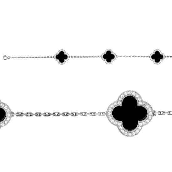 Sterling Silver CZ Clover Black Onyx Bracelet (BR-1126-B)