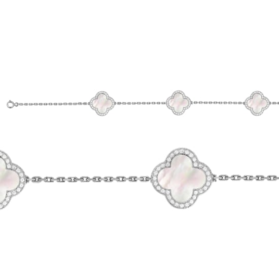  Sterling Silver CZ Mother of Pearl Clover Bracelet (BR-1126-W)