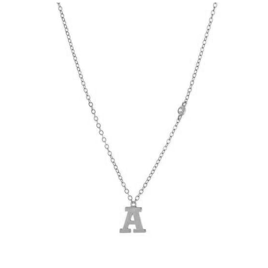 Sterling Silver Rhodium Plated CZ Alphabet Necklace (N-1472)