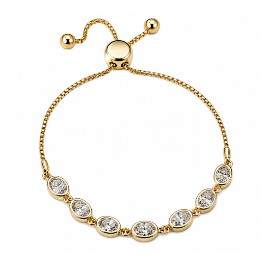 Premium Gold Plated Oval Cut CZ Bezel Set Adjustable Box Chain Bracelet (AJ-BR0004-G)