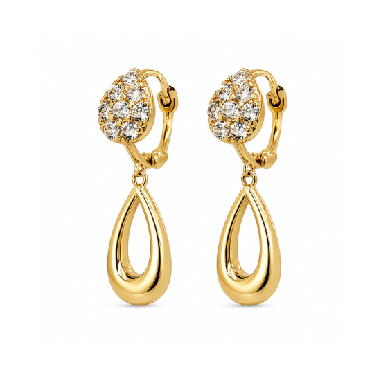 Premium Gold Plated CZ Pave Dangling Teardrop Huggie Earrings (AJ-HUG0001-G)