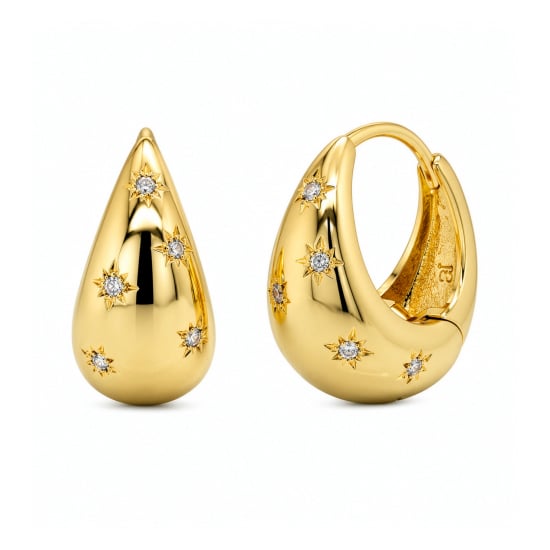 Premium Gold Plated CZ Star Setting Tapered Dome Huggie Earrings (AJ-HUG0007-G)