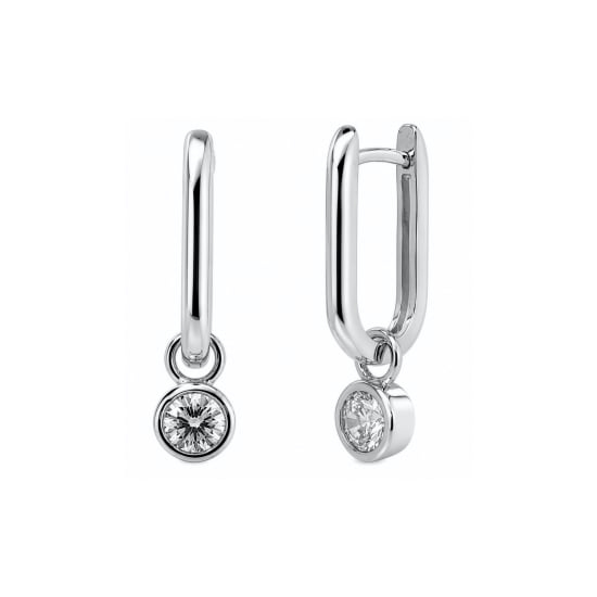 Premium Plated Dangling Round CZ Bezel Set Paperclip Huggie Earrings (AJ-HUG0009)