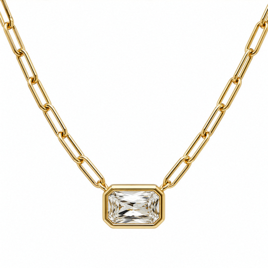 Premium Gold Plated Emerald Cut CZ Bezel Set Solitaire Necklace (AJ-N0007-G)