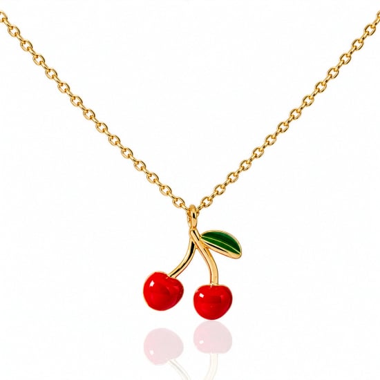 Premium Gold Plated Red Epoxy Cherries Necklace (AJ-N0017-G)