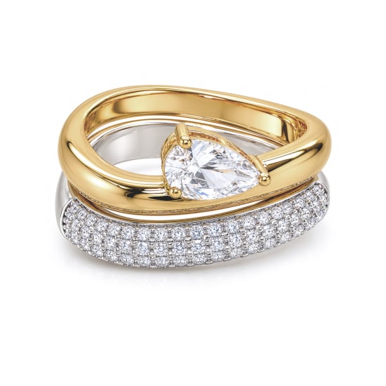 Premium Two Tone Pear Cut CZ  Solitaire Ring & Matching Pave Band Ring (AJ-R0001-2T)