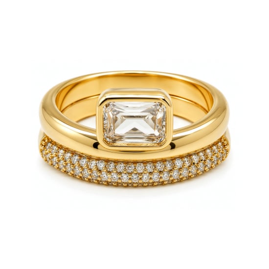 Premium Gold Plated Emerald Cut CZ Bezel Set Solitaire Ring & Matching Pave Band Ring (AJ-R0004-G)