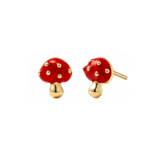 Premium Gold Plated Red Epoxy Mushroom Stud Earrings (AJ-ST0009-G)