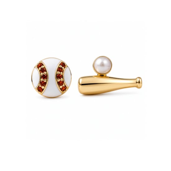 Premium Gold Plated Mismatch Epoxy Baseball & Bat Stud Earrings (AJ-ST0011-G)