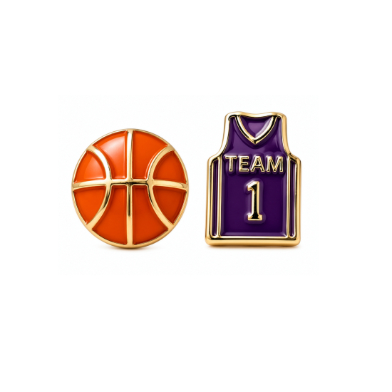 Premium Gold Plated Mismatch Epoxy Basketball & Jersey Stud Earrings (AJ-ST0013-G)