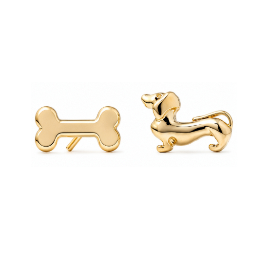 Premium Gold Plated Mismatch Dachshund & Bone Stud Earrings (AJ-ST0015-G)