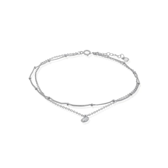 Sterling Silver Double Chain CZ Pearl Anklet (ANK-1073)