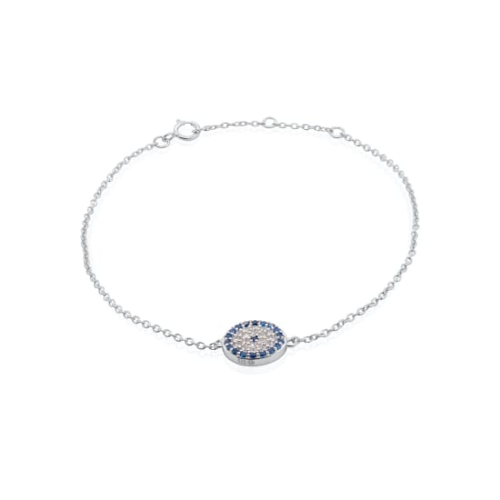 Sterling Silver Rhodium Plated CZ Evil Eye Fancy Charm Blue Bracelet (BR-1082)