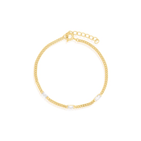 Sterling Silver Gold Vermeil CZ Emerald Cut Station Curb Chain Bracelet (BR-1449)