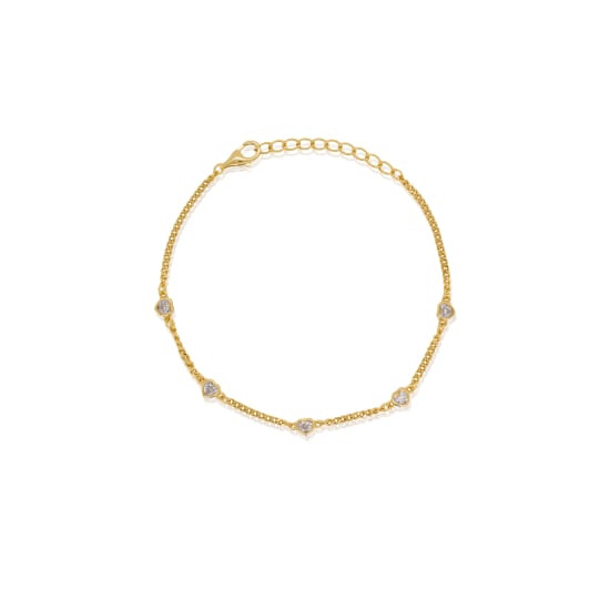 Sterling Silver Gold Vermeil CZ Curb Chain Heart by the Yard Bracelet (BR-1464)
