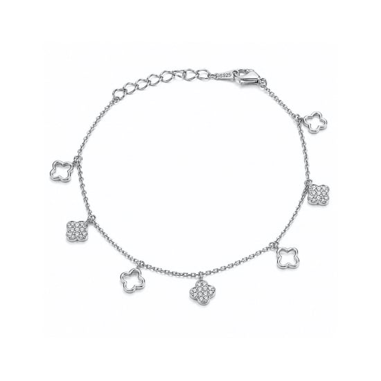 Sterling Silver CZ Pave & Cutout Clover Dangling Bracelet (BR-1489)