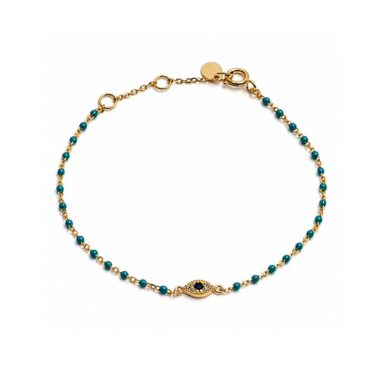 Sterling Silver Gold Vermeil CZ Pave Evil Eye Turquoise Beads Bracelet (BR-1490-G)