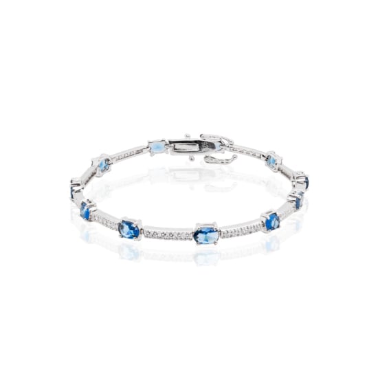 Sterling Silver Rhodium Plated CZ Plain Tennis Bracelet (Simulated Blue Topaz) (BR-CZ-111-BT)