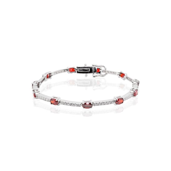 Sterling Silver Rhodium Plated CZ Plain Tennis Bracelet (Simulated Garnet) (BR-CZ-111-G)