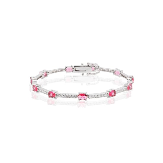 Sterling Silver Rhodium Plated CZ Plain Tennis Bracelet (Simulated Ruby) (BR-CZ-111-R)