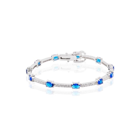 Sterling Silver Rhodium Plated CZ Plain Tennis Bracelet (Simulated Sapphire) (BR-CZ-111-S)
