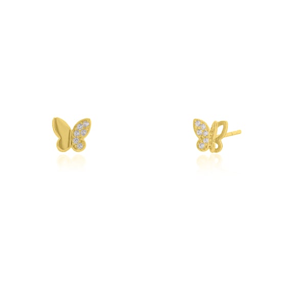 10K Yellow Gold Half Gold Half CZ Pave Butterfly Stud Earrings(GE-10-1127)