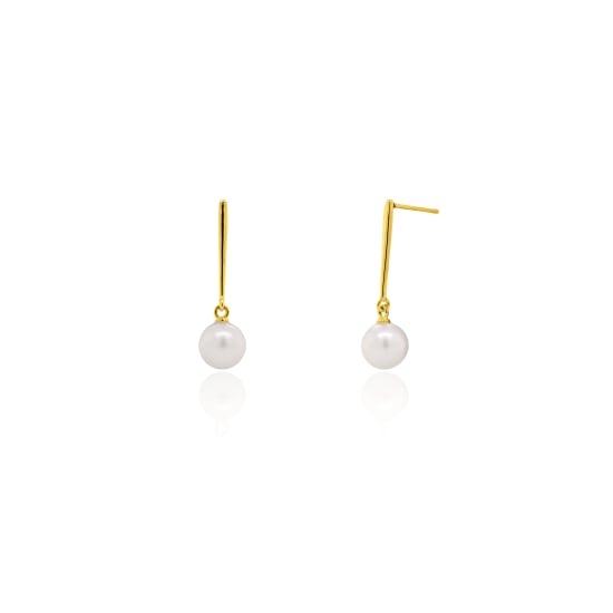 10K Yellow Gold Bar with Freshwater Pearl Dangle Stud Earrings(GE-10-1131)