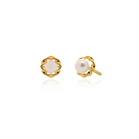10K Yellow Gold Freshwater Pearl Flower Stud Earrings (GE-10-1132)