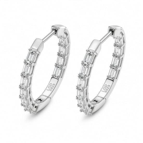 Sterling Silver Rhodium Plated Baguette Cut Lab Diamond TCW 2.0ct Hoop Earrings (HP-LGD-1002-RH)