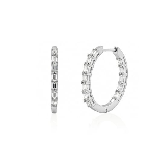 Sterling Silver Rhodium Plated Baguette Cut Lab Diamond TCW 3.0ct Hoop Earrings (HP-LGD-1003-RH)